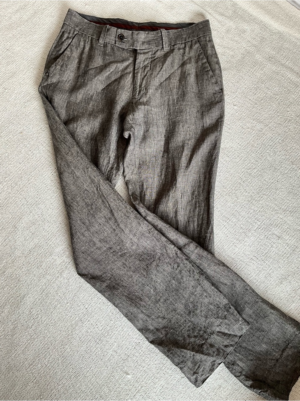 Mens Charcoal Grey Linen Tailored Straight Leg Pants 30R